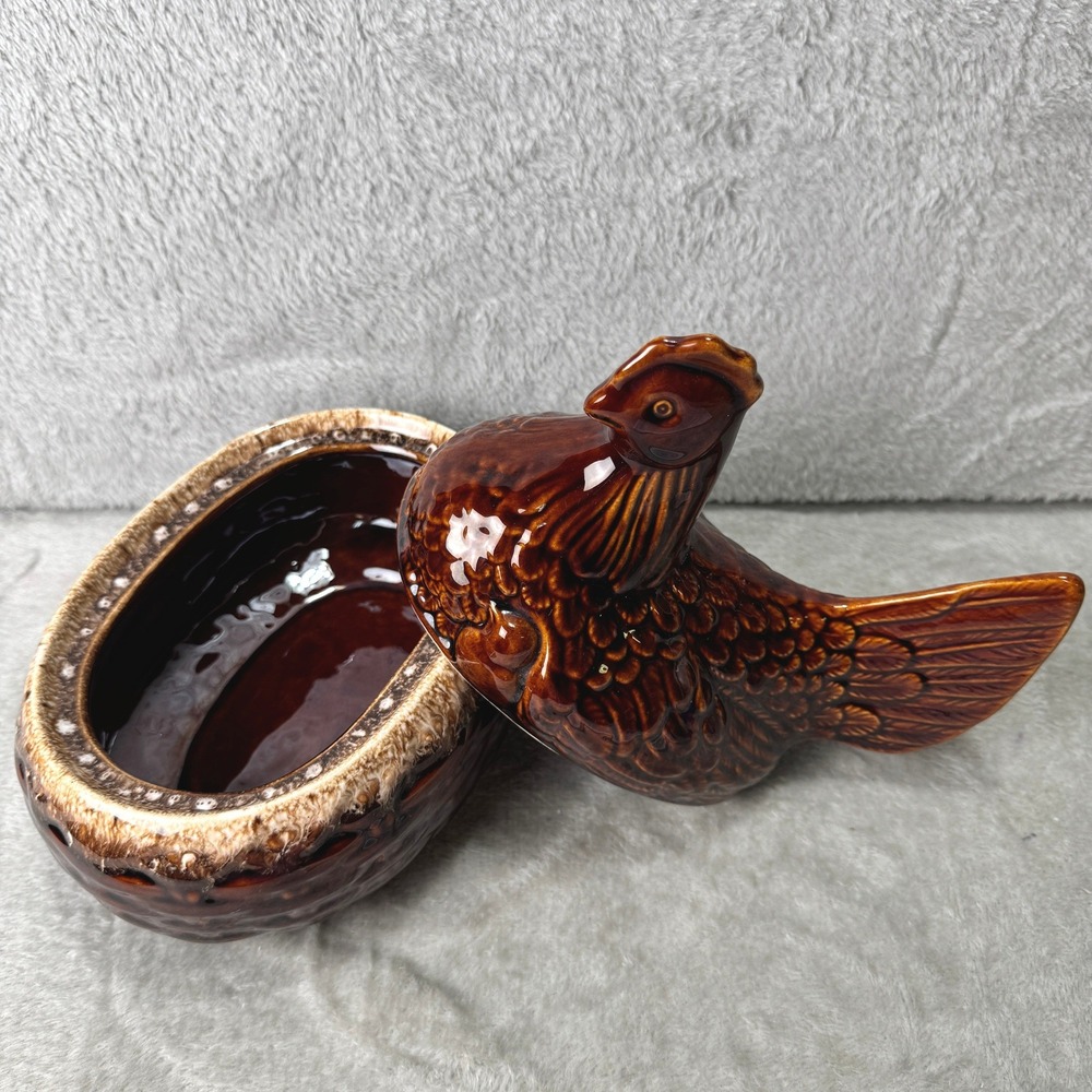 Vintage Hull Pottery Brown Drip Hen on Nest Covered Casserole Dish USA - Picture 5 of 16